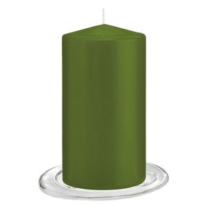 Trend Candles - Stompkaarsen met glazen onderzetters set van 2x stuks - olijf groen 8 x 15 cm