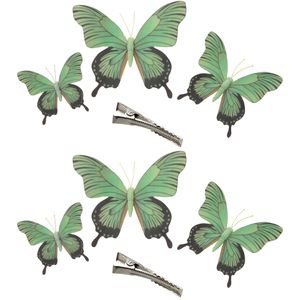 6x stuks decoratie vlinders op clip - groen - 3 formaten - 12/16/20 cm