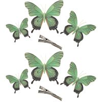 6x stuks decoratie vlinders op clip - groen - 3 formaten - 12/16/20 cm