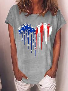 Women's Independence Day Love Dog Paws Blue White Red Graphic Printing 4th Of July Cotton-Blend Casual Loose T-Shirt