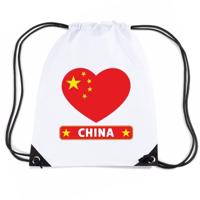 China thema sporttas - nylon rijgkoord rugzak - wit met hartjes vlag print - supporters