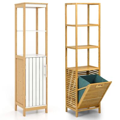 Bamboe Badkameropbergsysteem Met Smalle Kast Met Deur En Plank Met Uitschuifbare Mand Voor Natuurlijke Kleding