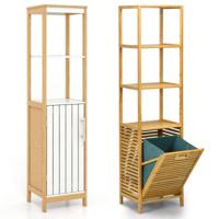 Bamboe Badkameropbergsysteem Met Smalle Kast Met Deur En Plank Met Uitschuifbare Mand Voor Natuurlijke Kleding