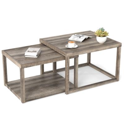 2-delige set Rechthoekige Salontafel Stapelbare Nesteltafels met Opbergruimte Boerderij Bijzettafel
