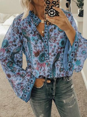 Cotton-Blend Floral-Print V Neck Sweet Shirt
