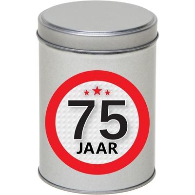 Cadeau Snoepblik - 75 jaar verjaardag - 9 x 13 cm - Cadeauverpakking- metaal - met leeftijd sticker