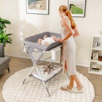 Mobiele Babyverschoontafel Opvouwbare Verschoontafel met 3 Verstelbare Hoogtes Bak Opbergmand Plank Vergrendelbare Wielen Grijs