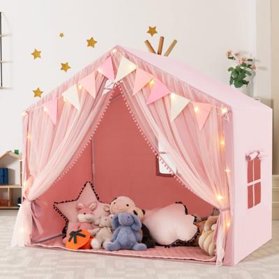 Speeltent met 2 Gordijnen & Sterrenlichten & Geruite Vlaggen Grote Speelhuis Roze