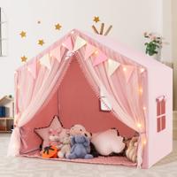 Speeltent met 2 Gordijnen & Sterrenlichten & Geruite Vlaggen Grote Speelhuis Roze