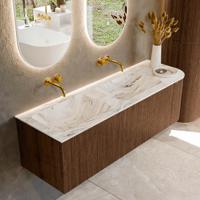 Badmeubel Mondiaz Kurve-Dlux | 145 cm | Meubelkleur Walnut | Wastafelkleur Glace | Solid surface | Dubbele spoelbak | Zonder kraangat(en)