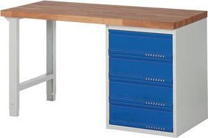 Promat Werkbank | serie BK 650 | B1500xD700xH840mm beukenhout massief | lichtgrijs RAL7035 gentiaanblauw RAL5010 | 4 laden - 9000425524 9000425524