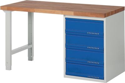 Promat Werkbank | serie BK 650 | B1500xD700xH840mm beukenhout massief | lichtgrijs RAL7035 gentiaanblauw RAL5010 | 4 laden - 9000425524 9000425524