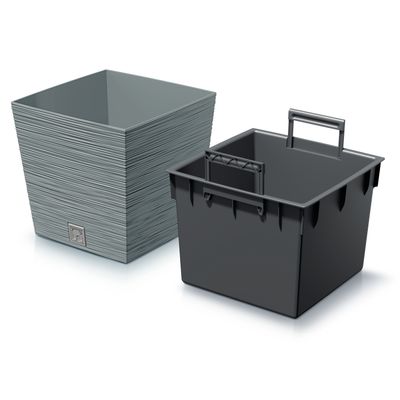 Plantenpot/bloempot Furu Stripes - voor buiten - kunststof - lichtgrijs - vierkant - D29.5 x H29 cm Plantenpot/bloempot Furu Stripes - voor buiten - kunststof - lichtgrijs - vierkant - D29.5 x H29 cm