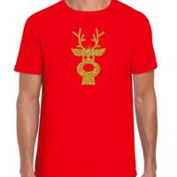 Kerst verkleed T-shirt voor heren - rood - Rendier hoofd - glitter goud - Kerstkleding