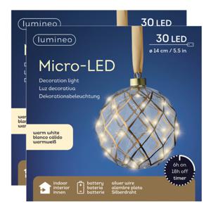 Verlichte kerstballen - 2x st - glas - aan lint - D14 cm - goud - 30 led lampjes - warm wit