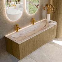 Badmeubel Mondiaz Kurve-Dlux | 145 cm | Meubelkleur Dusk | Wastafelkleur Nata | Solid surface | Wasbak linker zijde spoelbak | 2 kraangaten