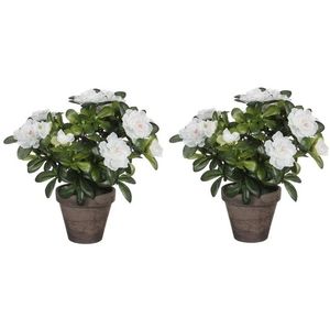 2x Groene Azalea kunstplanten witte bloemen 27 cm in pot