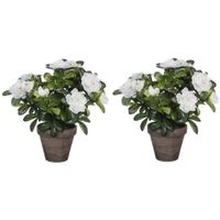 2x Groene Azalea kunstplanten witte bloemen 27 cm in pot