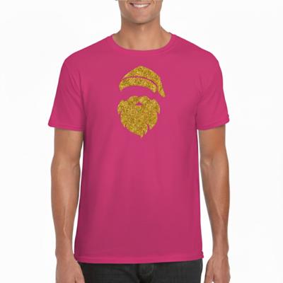 Kerst T-shirt voor heren - Kerstman hoofd - roze - glitter goud - Kerstkleding