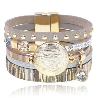 Grijze multicolor leren dames armband Ibiza stijl met bedels en studs