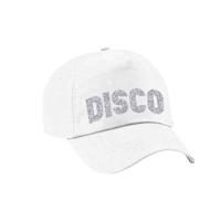 Disco thema verkleed petje - baseballcap - voor volwassenen - zilver glitter bedrukking - wit