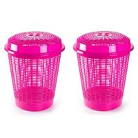 Plasticforte Wasmand met deksel - 2x stuks - 50 liter - roze - rond - D45 x H57 cm