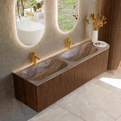 Badmeubel Mondiaz Kurve-Dlux | 165 cm | Meubelkleur Walnut | Wastafelkleur Oza | Solid surface | Dubbel / Links spoelbak | 2 kraangaten