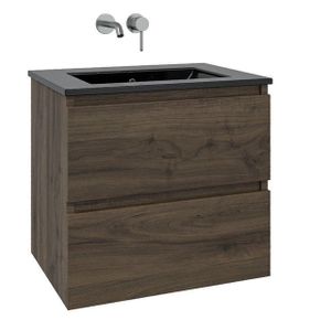 Adema Chaci Badkamermeubelset - 80x46x55cm - 1 keramische wasbak zwart - zonder kraangat - 2 lades - noten (hout) SW1212764/SW773931