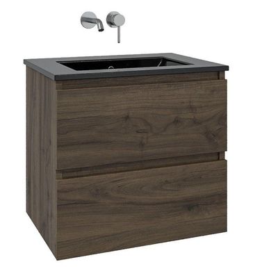 Adema Chaci Badkamermeubelset - 80x46x55cm - 1 keramische wasbak zwart - zonder kraangat - 2 lades - noten (hout) SW1212764/SW773931