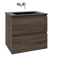 Adema Chaci Badkamermeubelset - 80x46x55cm - 1 keramische wasbak zwart - zonder kraangat - 2 lades - noten (hout) SW1212764/SW773931