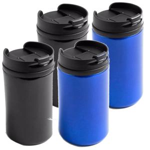 Set van 4x stuks Warmhoudbekers/warm houd bekers metallic zwart en blauw 300 ml