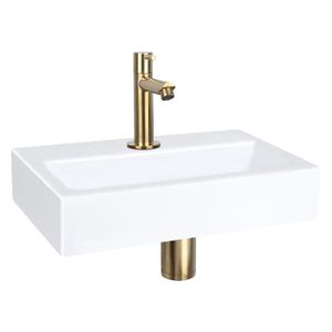 Differnz Flat fonteinset - 38x24x8cm - Rechthoek - 1 kraangat - Recht matte gouden kraan - Keramiek Wit 38.400.11