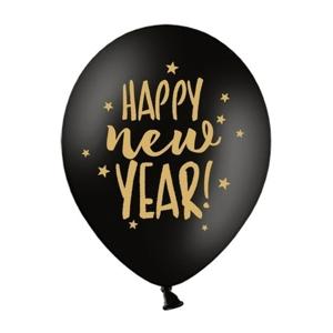 Happy New Year ballonnen - zwart/goud - 6x stuks - sterren - nieuwjaar thema