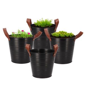 Plantenpot/bloempot emmer Leather - 4x - rond - zink - zwart - D18 x H17 cm