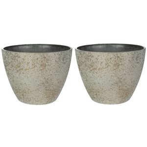 Bloempot/plantenpot - 2x - buiten - beige/goud - D29 en H22 cm - kunststof/steenmix