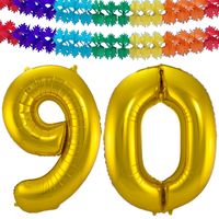 Grote folie ballonnen cijfer 90 in het goud 86 cm en 2x feestslingers - thumbnail