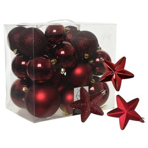 Pakket 32x stuks kunststof kerstballen en sterren ornamenten donkerrood - Kerstbal