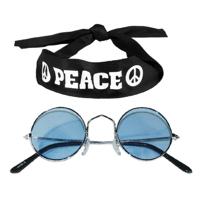 Hippie Flower Power verkleedset - Peace hoofdband - met ronde glazen verkleed bril - blauw