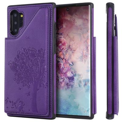 Voor Galaxy Note 10 + kat boom reliëf patroon schokbestendige beschermhoes met kaartsleuven & fotolijstjes (paars)