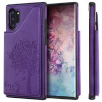 Voor Galaxy Note 10 + kat boom reliëf patroon schokbestendige beschermhoes met kaartsleuven & fotolijstjes (paars)