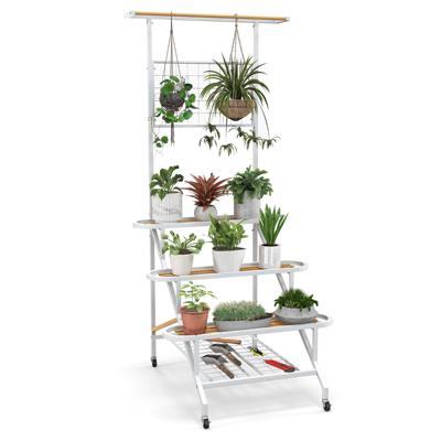 Hangende Plantstandaard met 4 Ladderniveaus Metalen Ingelijst Plantenrek met Wielen Hangende Bar voor Woonkamer Balkon Patio