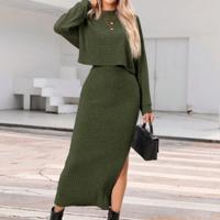 Bon&Bon Rib-Knit Drop Shoulder Tee & Split Thigh Skirt 2-Piece Set Army Green / XS