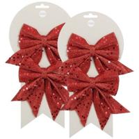 Kerst ornamenten strikken - 4x st - rood met glitter - 12 x 13 cm - kerstboomstrikjes