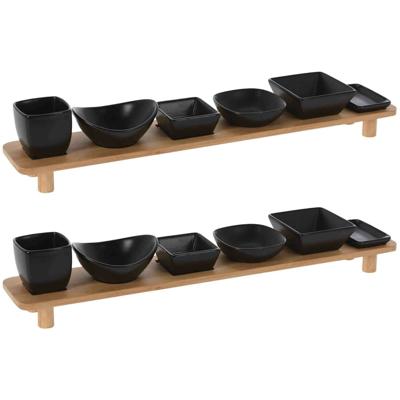 Serveerplank met 6 schaaltjes - 2x - hout - 50 x 8 cm - hapjes/saus/tapas Serveerplank met 6 schaaltjes - 2x - hout - 50 x 8 cm - hapjes/saus/tapas