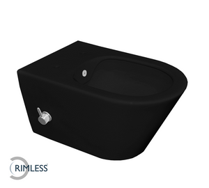 Wiesbaden Luxe Rimless hangend toilet met ingebouwde bidetkraan met koud water 40 x 35,5 x 53 cm, mat zwart