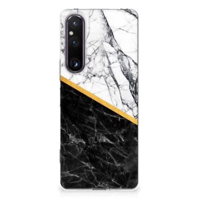 Sony Xperia 1 V | TPU | Siliconen hoesje | Marmer Wit Zwart - Origineel Cadeau Man