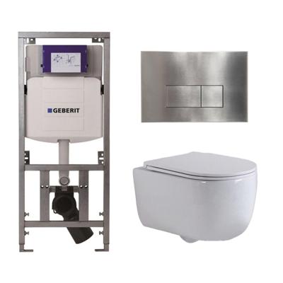 QeramiQ Dely Swirl Toiletset - 36.3x51.7cm - Geberit UP320 Burda inbouwreservoir - slim zitting - steel bedieningsplaat - rechthoekige knoppen - wit glans 0701131/SW706195/SW1000766/SW1026256