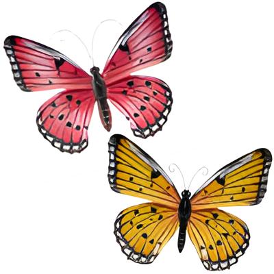 Wanddecoratie vlinders - 2x stuks - roze en geel - 34 x 28 cm - metaal - muurdecoratie tuin