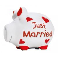 Spaarpot spaarvarken Just Married print 12 cm - Huwelijk/bruiloft cadeau - Dieren spaarpotten varkens/biggen - thumbnail