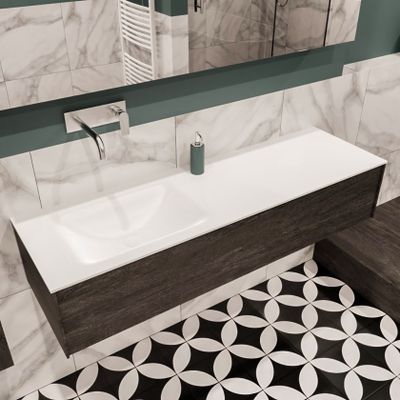 Mondiaz Lush Cloud badmeubel eiken Dark brown 150 cm 1 lade solid surface enkele spoelbak links zonder kraangat